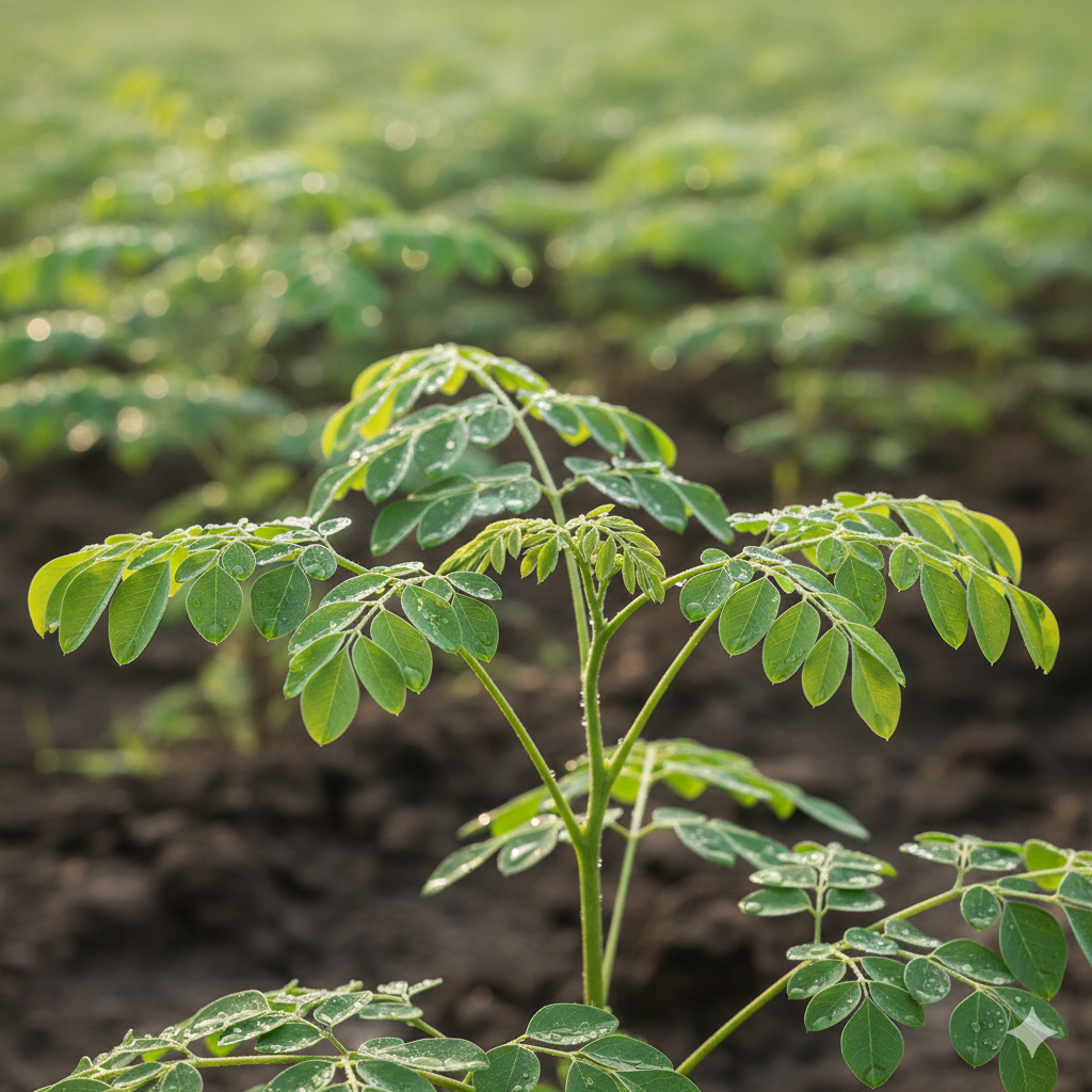 Vue d'ensemble d'un arbre de Moringa (Moringa oleifera) avec des grappes de petites feuilles ovales et de longues gousses pendantes vert clair caractéristiques. L'arbre est dans un environnement tropical ensoleillé